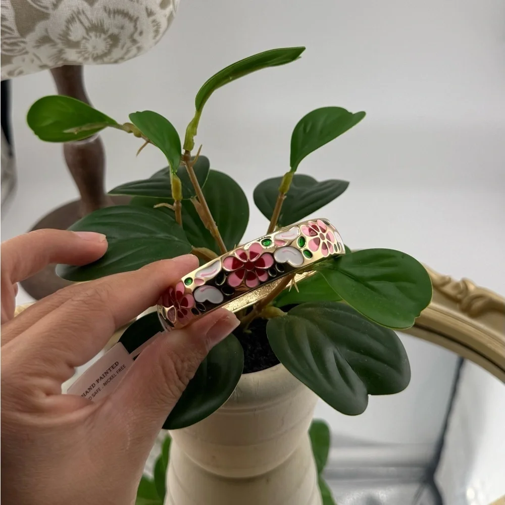 Hand Painted Floral Enamel Bangle with Gold Accents